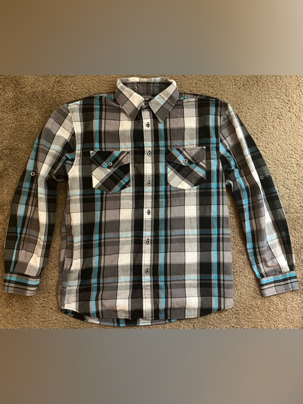 Boys Airwalk Gray, Black & Blue Plaid Button-Down Shirt